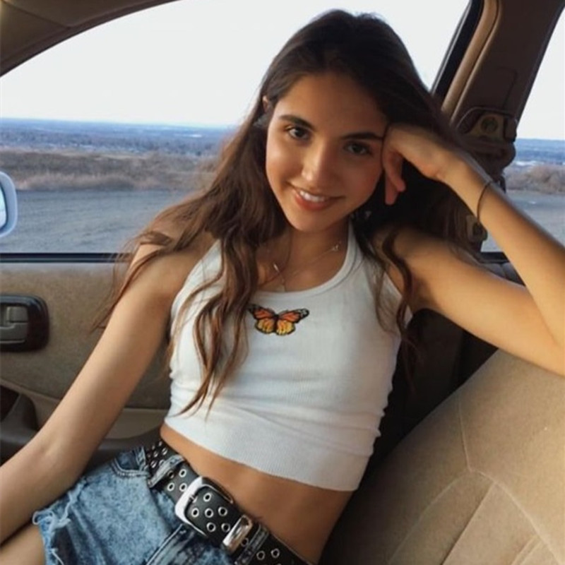 2020 Fashion Sexy Women Ladies Butterfly Print White Tank Tops Sleeveless Wear Strappy Tank Top Vest Summer Short Crop Tops