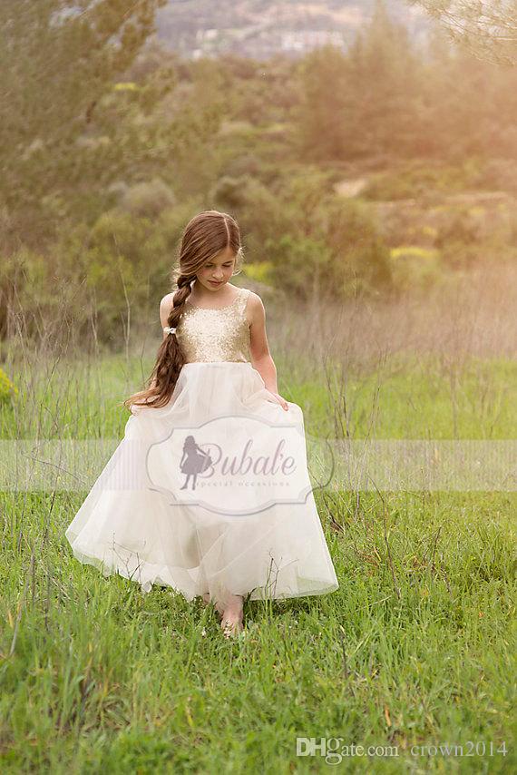 2022 Junior Bridesmaids Dresses For Kids Gold Sequin Flower Girl Dress With Ivory Tulle Floor Length Wedding Girls Christmas Dresses