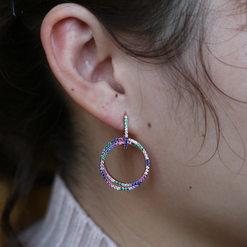 2021 Valentine's Day Gift Double Round Circle Mix Colorful CZ Women Classic Jewelry Top Quality New Design Necklace Earring Set