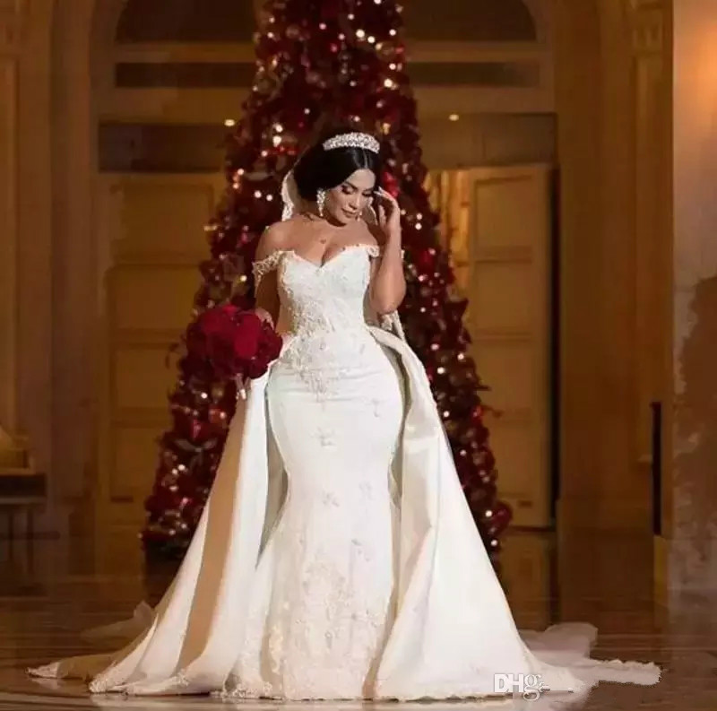 Elegant Mermaid Wedding Dresses African Lace Appliques Beads Overskirts Detachable Train Off The Shoulder Plus Size Garden Church Bridal Gowns Vestios