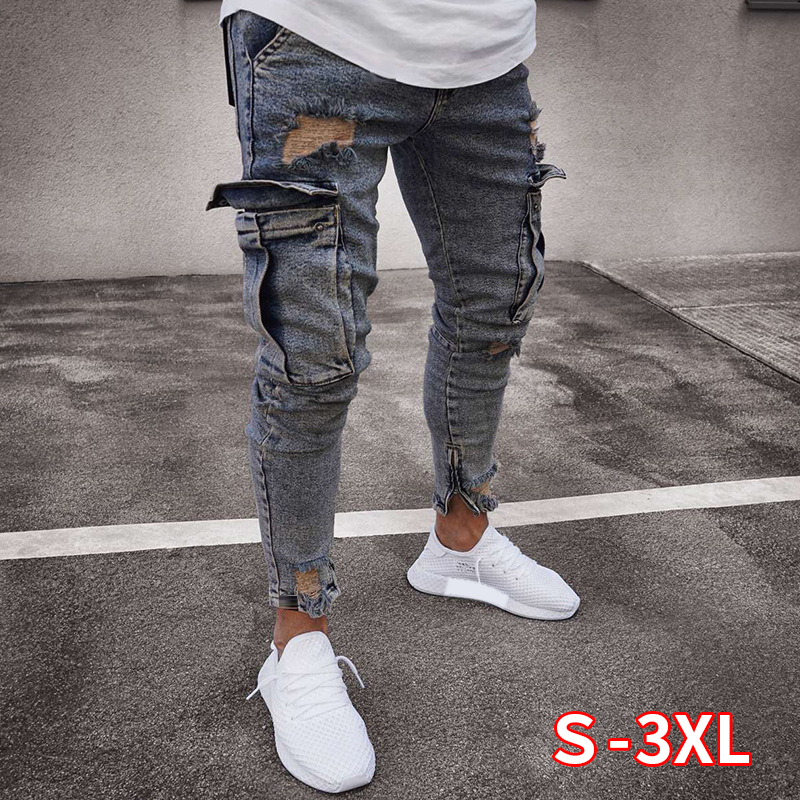 Men Ripped Hole Jeans With Knee Pocket Slim Skinny Jeans Fashion Hiphop Casual Trousers Male High Qulity Men Pencil, Light blue
Men Ripped Hole Jeans With Knee Pocket Slim Skinny Jeans Fashion Hiphop Casual Trousers Male High Qulity Men Pencil, Light blue