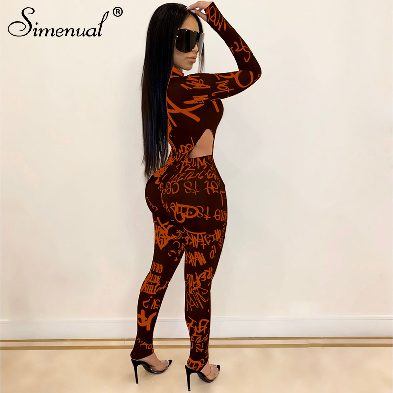Simenual Letter Print Skinny Women Matching Set Long Sleeve Fashion Sexy Two Piece Outfits Bodycon Hot Bodysuit And Pants Sets