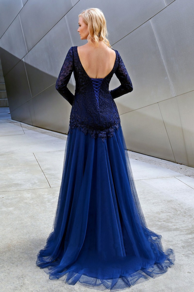 Blue Long Sleeve Mother of the Bride Dresses Lace Plus Size Wedding Guest Dress Jewel Neck Cheap Evening Gowns