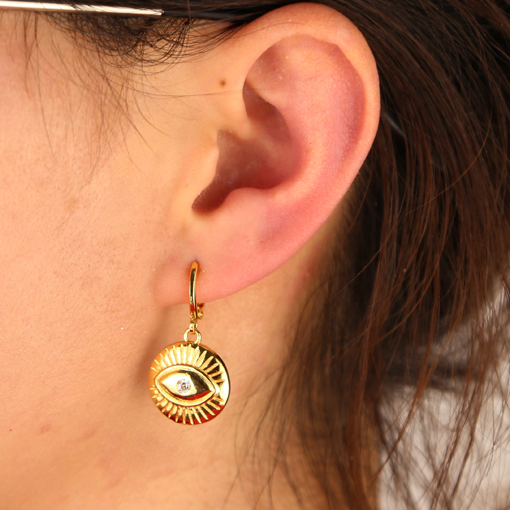 Dangle evil eye Coin earring Gold plated lucky girl women classic turkish evil eye jewelry
