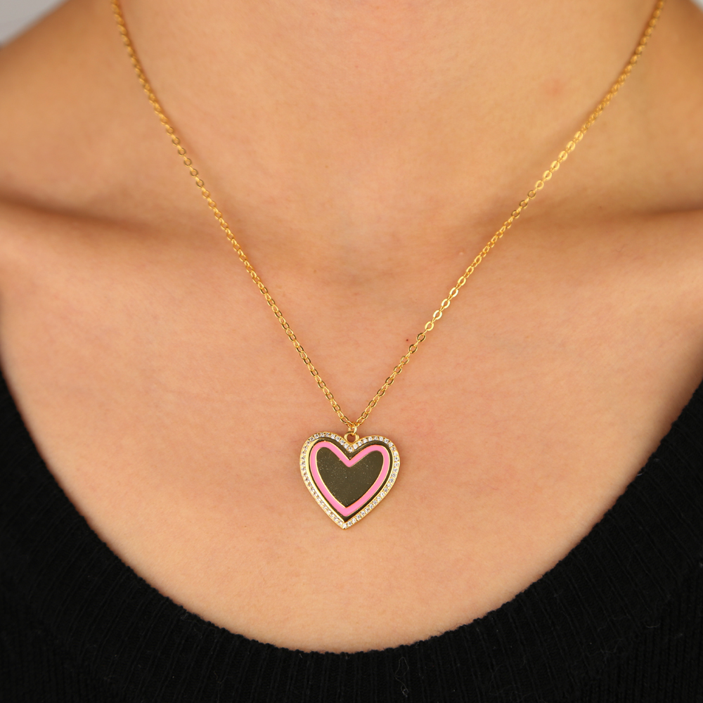 Valentines gift Heart pendant necklace with pink enamel polished heart charm long chain customize engrave name tag necklaces