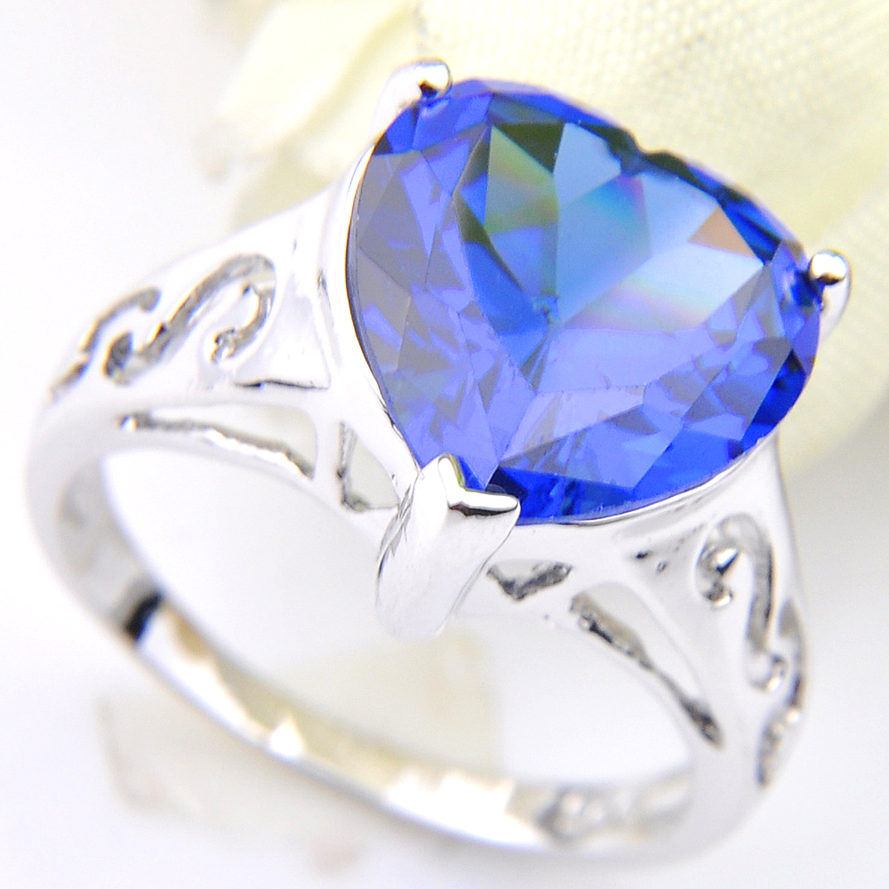 5pcs/Lot NEW Blue Topaz Gemstone Love Heart Cut 925 Sterling Silver Plated Ring Wedding CZ Jewelry Gift Rings Lady
