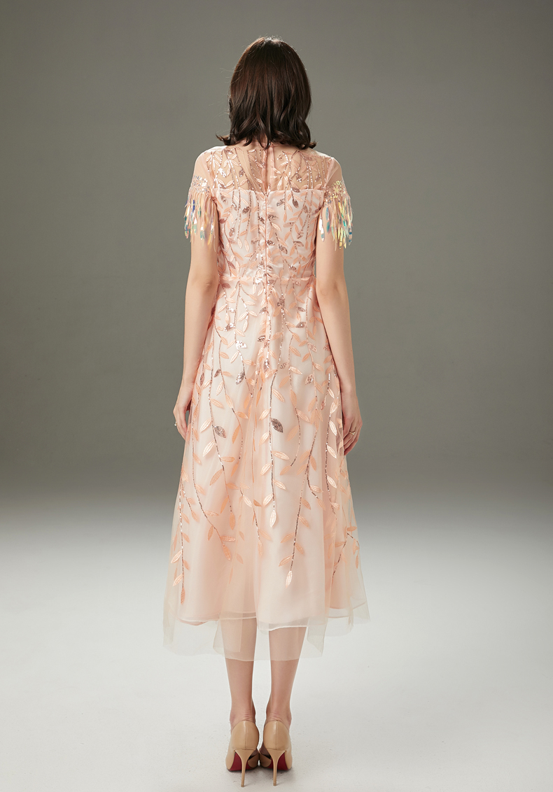 Women's Runway Dresses O Neck Short Sleeves Embroidery Beaded Layered Fashion Mid Calf Dresses