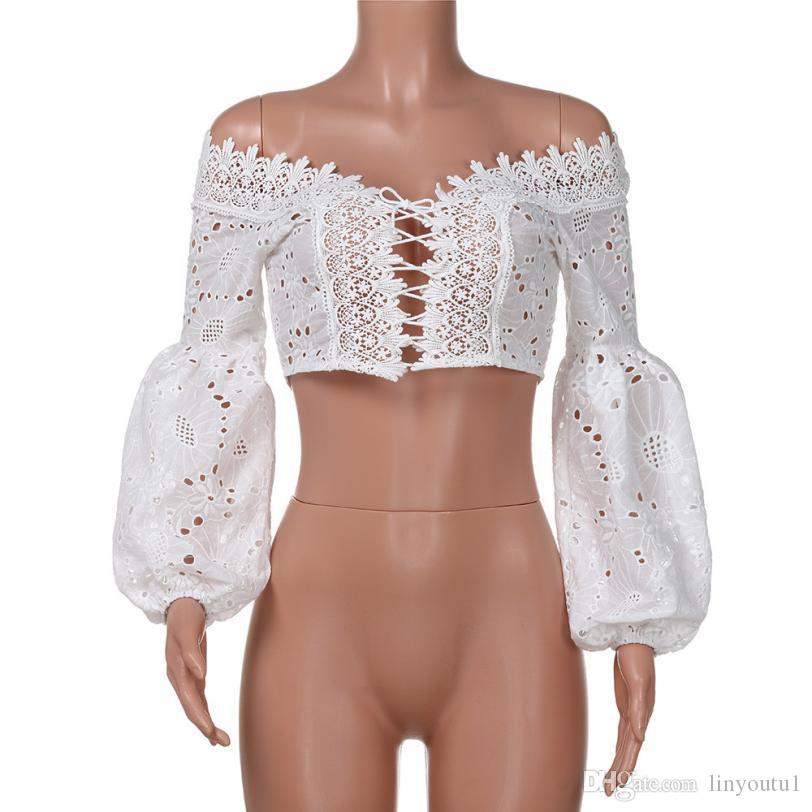 2020 Sexy Hollow Out Lacing up Bandaged Long Sleeve Square Neck Shirt Slim Princess Short Blouse Crop Cotton Exposed Navel Tops