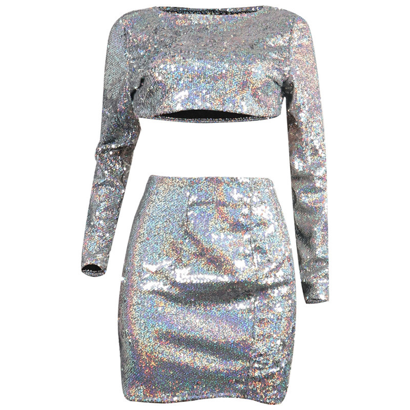 Bling Holographic Sequins Two Piece Set Women Sexy O Neck Long Sleeve Crop Top Bodycon Mini Skirt 2 Piece Outfits Party Clubwear