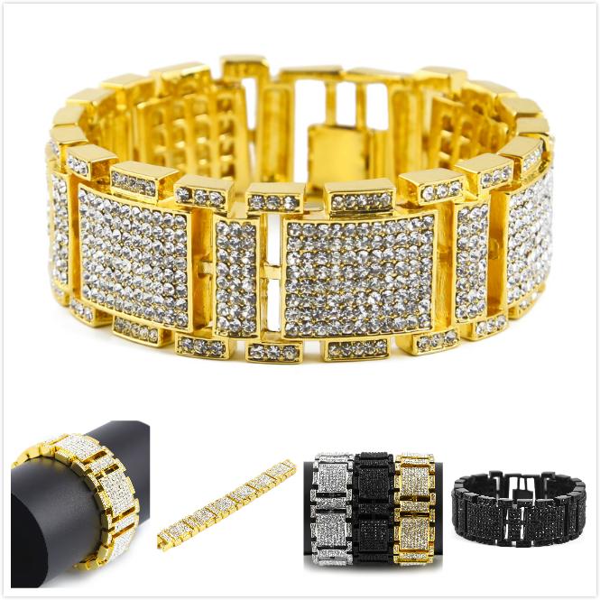 New Fashion Stainless Steel Bling Full Diamond Gold Silver Black Hip Hop Mens Watch Band Chain Bracelet Rapper Wristband Jewelry for Boys
New Fashion Stainless Steel Bling Full Diamond Gold Silver Black Hip Hop Mens Watch Band Chain Bracelet Rapper Wristband Jewelry for Boys