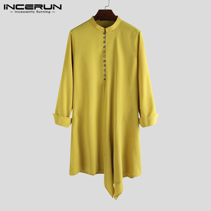 

INCERUN Men Long Shirt Clothes 2020 Vintage Solid Color Long Sleeve Kurtas Mens Asymmetric Shirts Elegant Muslim Robes, Black