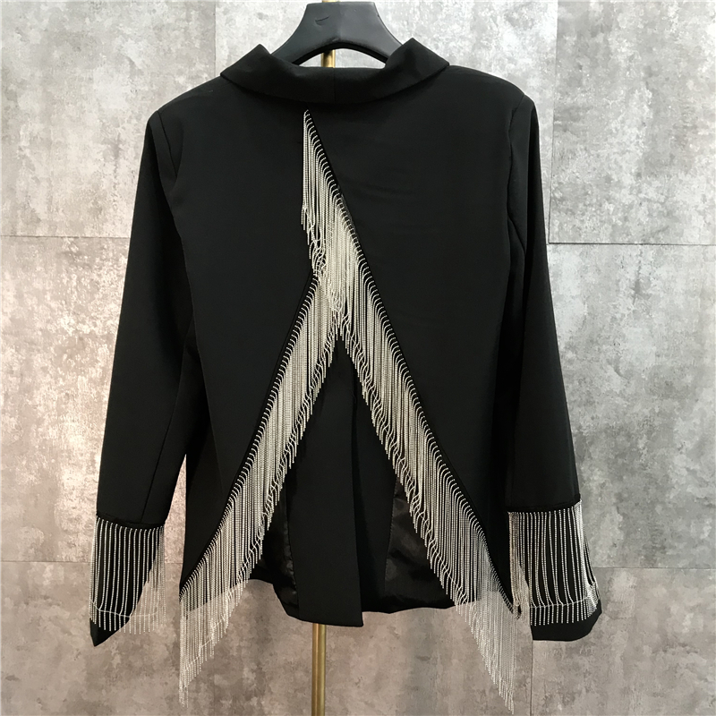 Womens black turn down collar long sleeve beading tassel patchwork back vent jag personality cool fashion blazer suit coat casacos