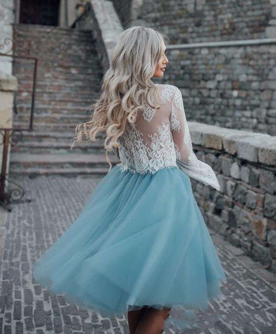 new cheap homecoming dresses long sleeve lace blue tulle two pieces prom gowns a line knee length cocktail dresses
