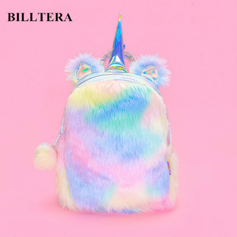 Plush Unicorn Hologram Backpacks Women Laser Mini Double Shoulder Bag Kawaii Lolita Student Rainbow Fur Backpack with Cute Ear Y18110202