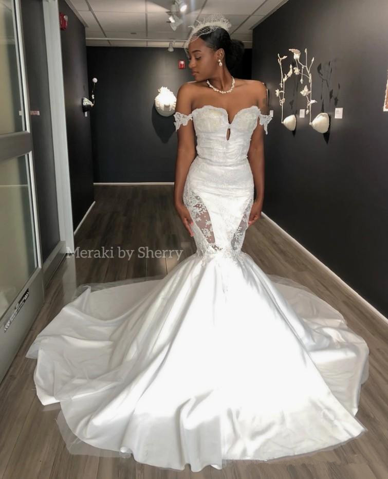 african off shoulder mermaid wedding dresses cutaway side lace appliqued bridal gowns custom made robe de marie