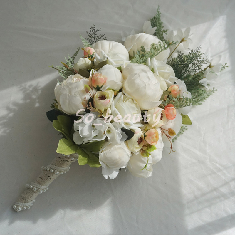 Rose Peony Bridal Cascading Bouquet Wedding Bouquets Bride Girl Flowers Home Party Decoration Fake Table Flower White Pink
