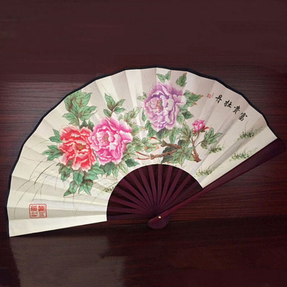 Lotus Flower Pattern Silk Bamboo Folding Hand Fans for Men Vintage Pocket Folding Fan Chinese Style