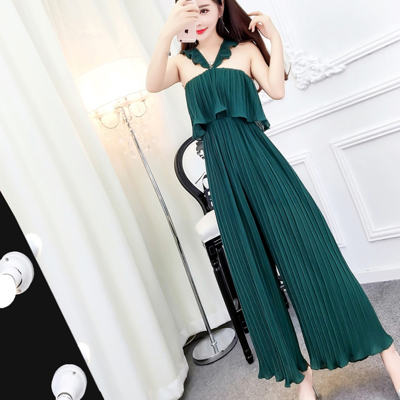 Summer Women Spaghetti Strap Ruffled Halte Backless Chiffon Pleated Wide Leg Pants Solid Full Length Jumpsuit, Black
Summer Women Spaghetti Strap Ruffled Halte Backless Chiffon Pleated Wide Leg Pants Solid Full Length Jumpsuit, Black