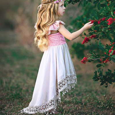 2019 Summer Kids Baby Girl Hollow Lace Unique Short Front Long Back Dress Girl Princess Ruffle Suspender Backless Tail Party Dresses B11