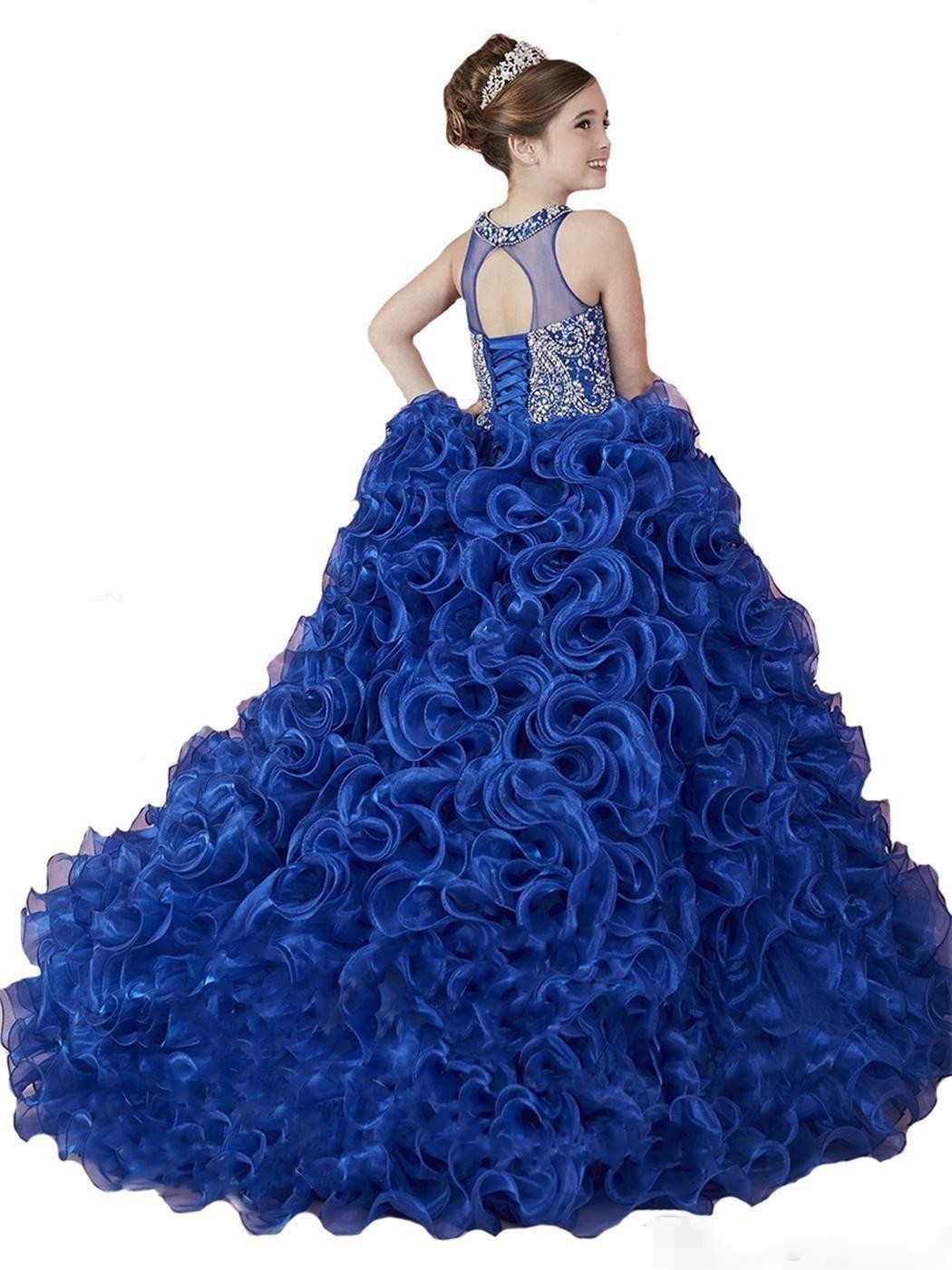 Princess Royal Blue Girls Pageant Organza Ruffle Crystal Beads Sleeveless Ball Gowns Kids Party For Wedding Flower Girl Dresses