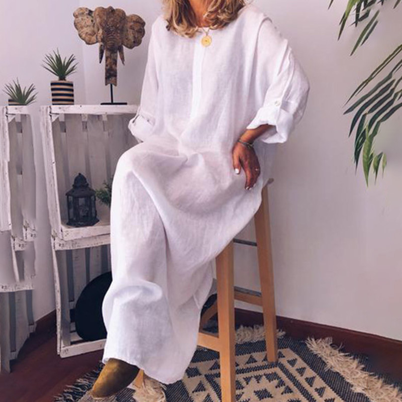 Women's Cotton Linen Oversized Maxi Dress White Pockets O-Neck Solid Long Dresses Spring Summer 2020 Fashion Loose Clothes Woman T200415