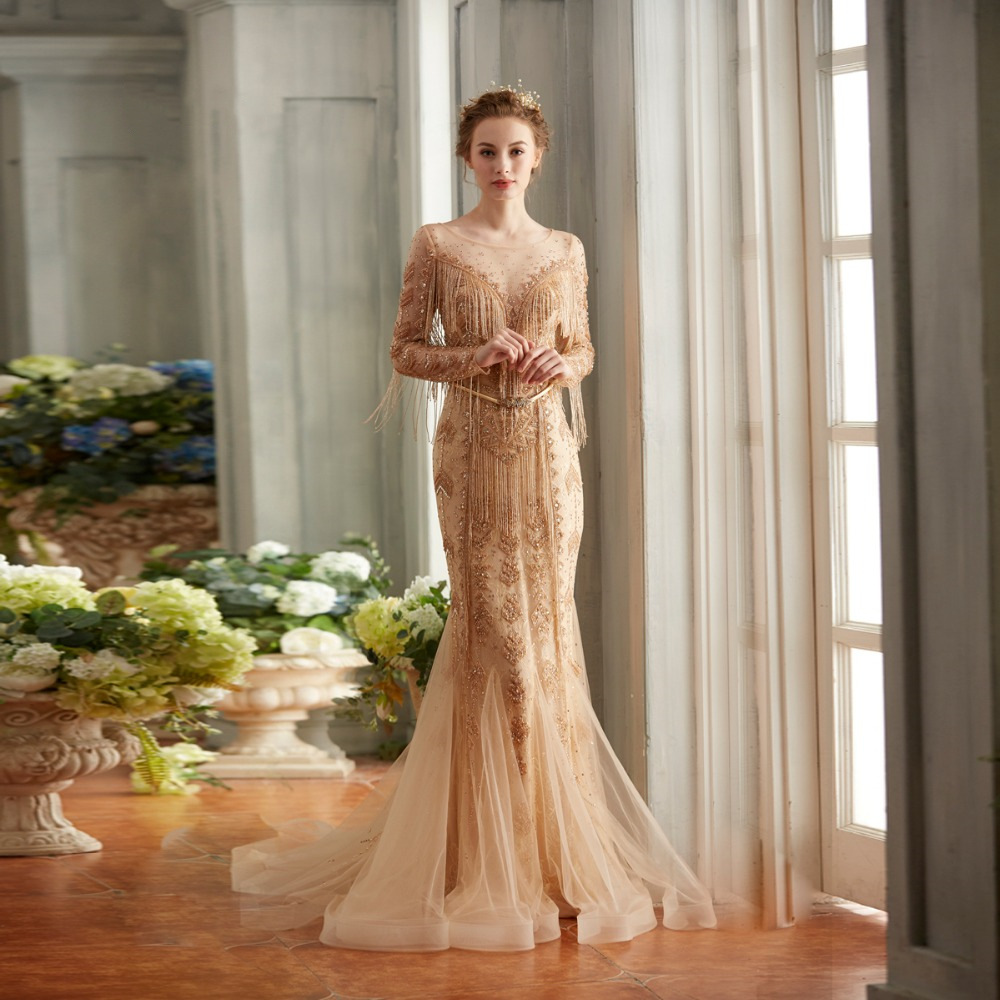Tassel Celebrity Dresses Gold Embroidery Long Sleeves Crystals Sweep Train Party Evening Gowns Crystals Stuning Robe, As picture
Tassel Celebrity Dresses Gold Embroidery Long Sleeves Crystals Sweep Train Party Evening Gowns Crystals Stuning Robe, As picture