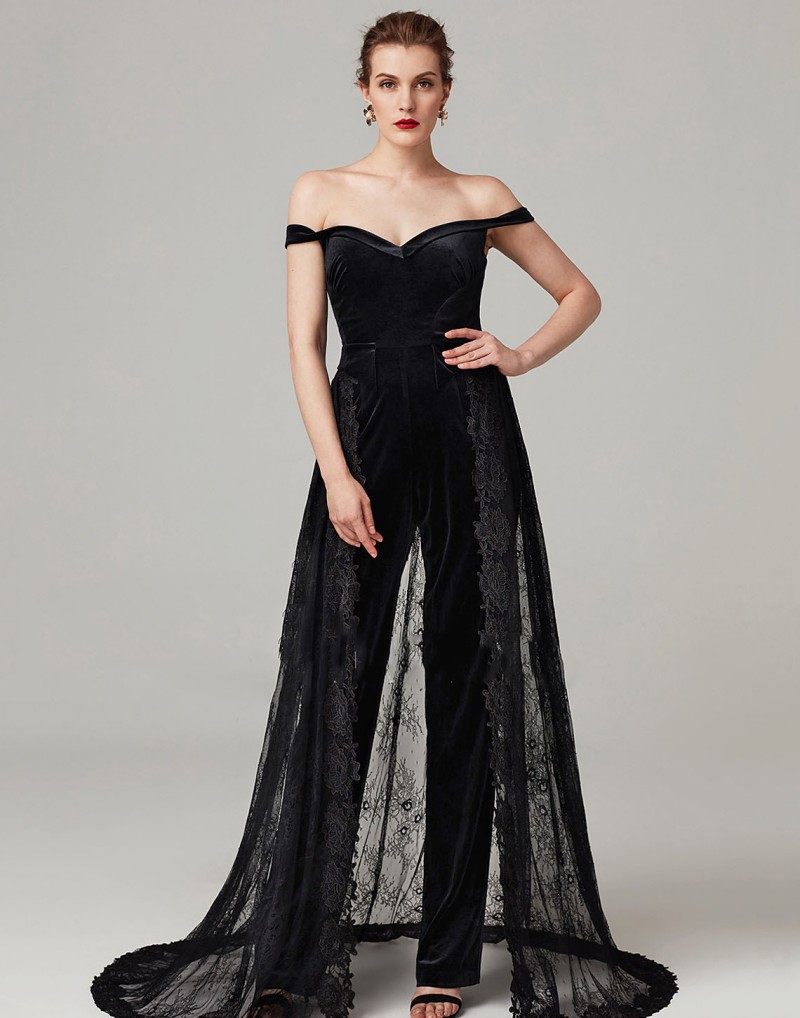 2020 Black Jumpsuits Evening Dresses Velvet Wih Detachable Tarin Lace Prom Dress Sweep Tarin Special Occasion Dresses