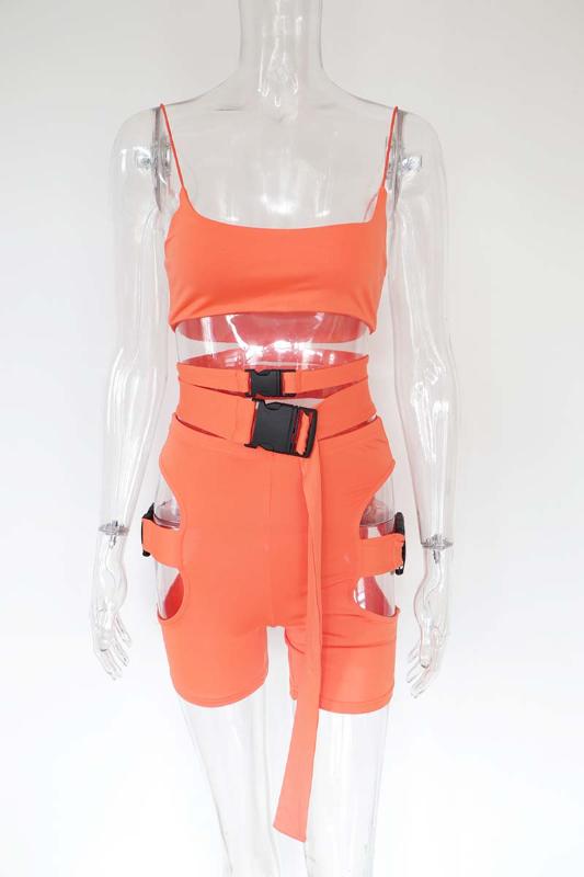 Beyprern Hot Girl Sexy Cut Out Neon Green Buckle Shorts Set Women Tight Buckle Matching Set 2 Piece Night Out Outfits Wholesale