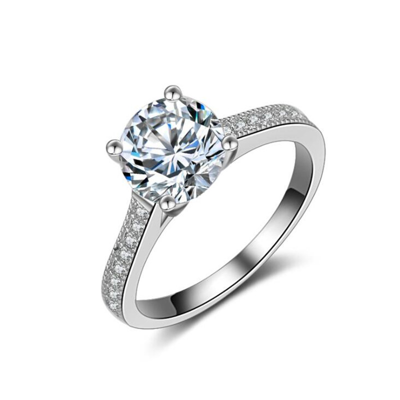 Simple Fashion Unique Jewelry Real 925 Sterling Silver Round Cut White Topaz CZ Diamond Gemstones Women Wedding Bridal Ring For Lover Gift