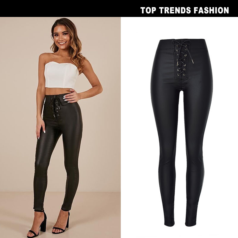 hot sale Lace Up Faux Leather Pants Women Autumn Winter Pencil Pants Woman Pu Leather Trousers Black women pants