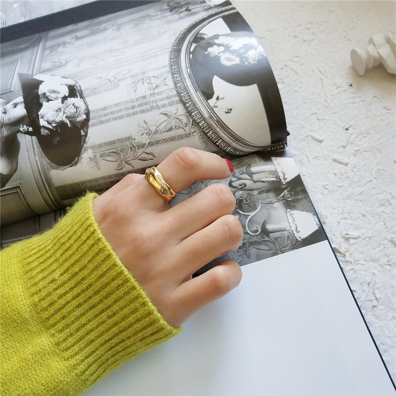 18K Gold Color Authentic 925 Sterling Silver Foil Adjustable Rings For Women Classic Irregularity Open Statement Ring