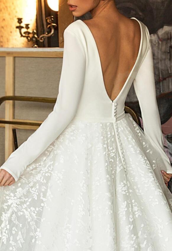 cheap 2020 Boho Modern Long Sleeves Wedding Dresses deep V Neck Covered Button Backless Lace Train Bridal Gowns Vestido de Novia
