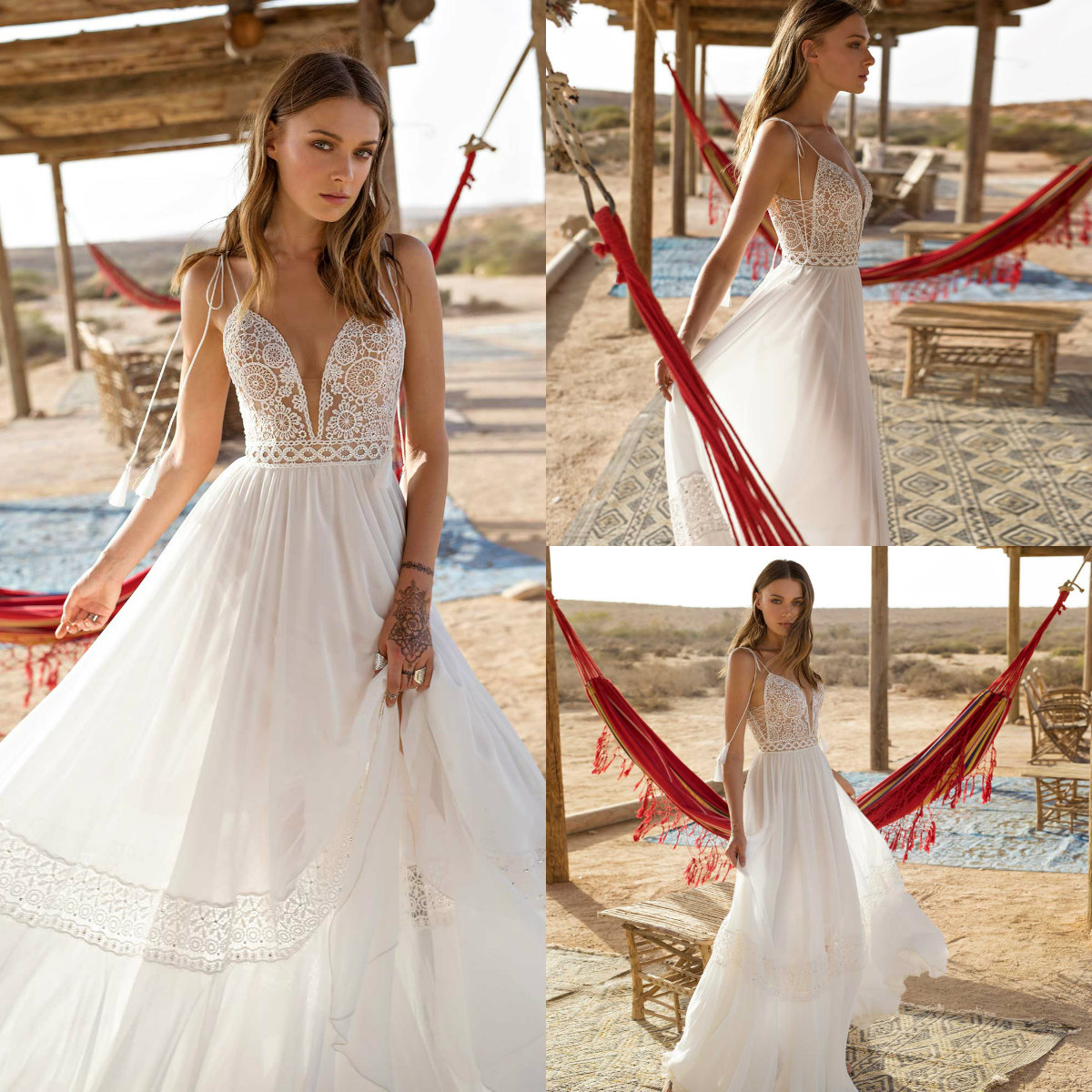 2019 Asaf Dadush Boho Wedding Dresses Spaghetti Lace Chiffon Floor Length Summer Beach Wedding Dress Cheap Backless Beach Bridal Gowns Robe