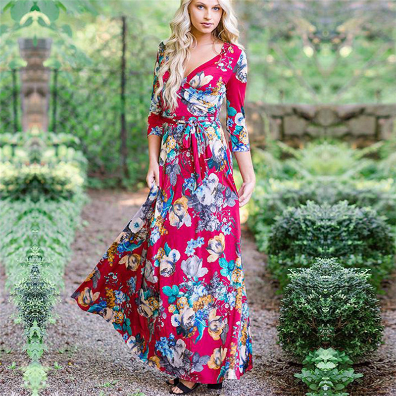 Fashion-2019 New Fashion Women Long Sleeve Dress Vintage Flower Print Party Club Bohemia V-neck Sexy Maxi Dress Black Casual Dresses