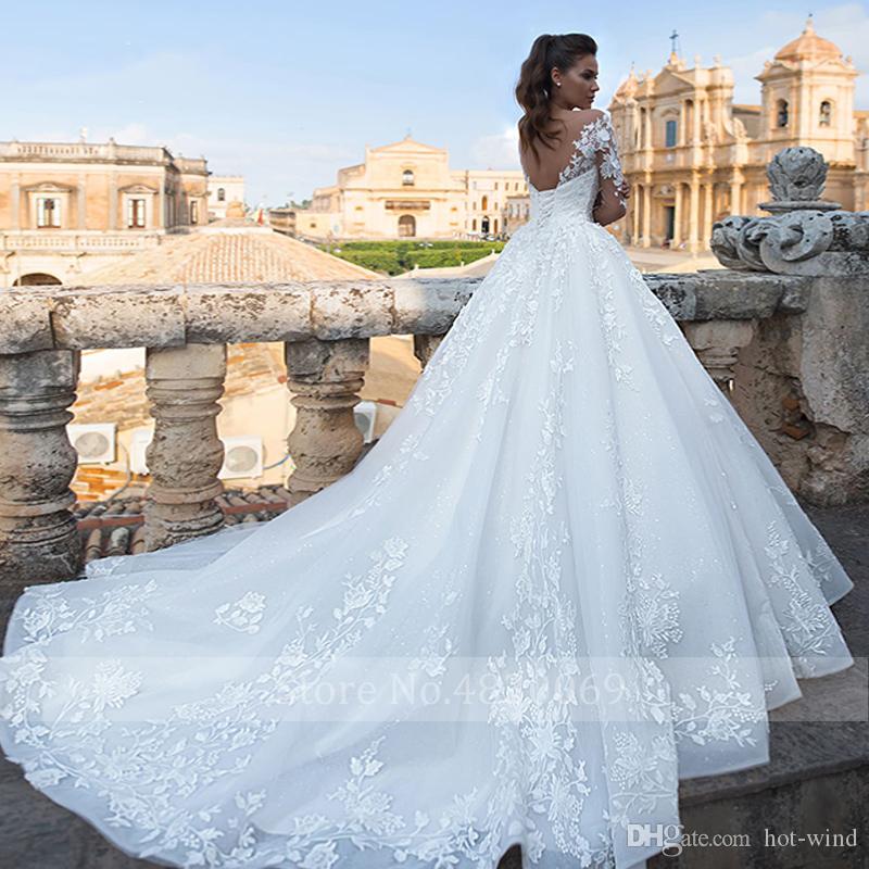 Vintage Sheer Elegant Jewel Neck A Line Long Sleeve Tulle Court Train Bridal Dress Lace Princess Wedding Gowns Vestidos