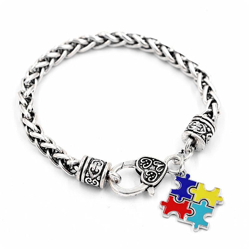 Autism Awareness Puzzle Jigsaw Colorful Fashion Square Enamel Charm Bracelet Friendship Jewelry for kids boys girls unisex women men
