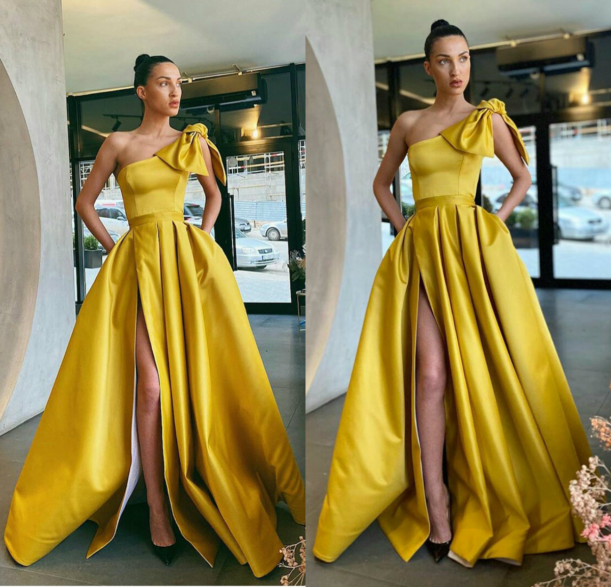 yellow party dresses oneshoulder sleeveless highsplit bow sweep train evening dress cheap satin custom made party gown hot sell
