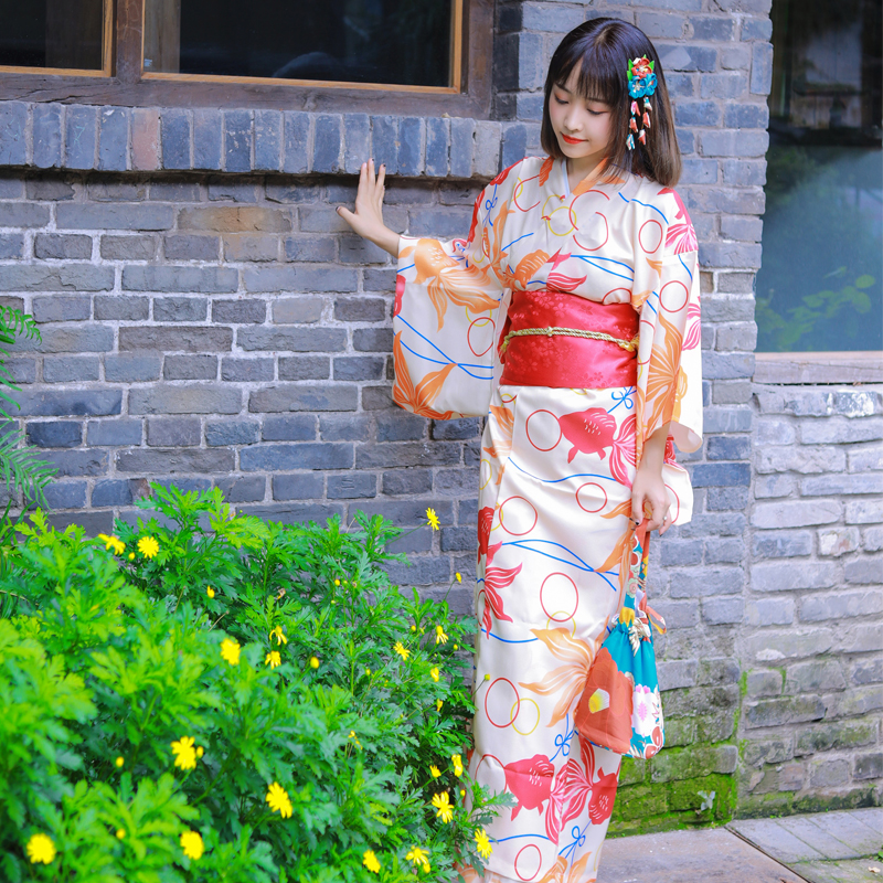 Cherry beauty Japanese kimono women formal red goldfish handle modified Clothing Standard version traditional kimono Japan Girl