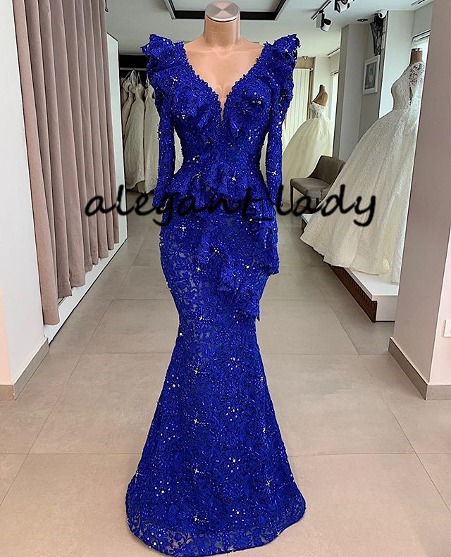 Royal Blue Lace Prom Formal Dresses with Long Sleeve 2020 Aso Ebi Modern V-neck Beaded Ruffles Peplum Mermaid Evening Reception Gown