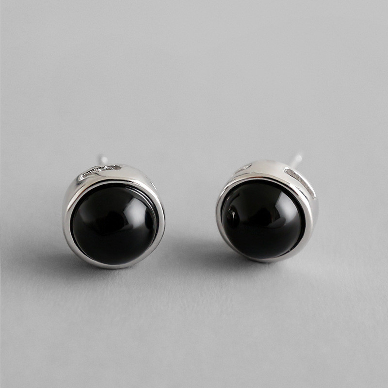 925 Sterling Silver Round Black Agate Stud Earrings For Women New Fashion Simple Statement Geometric Earring