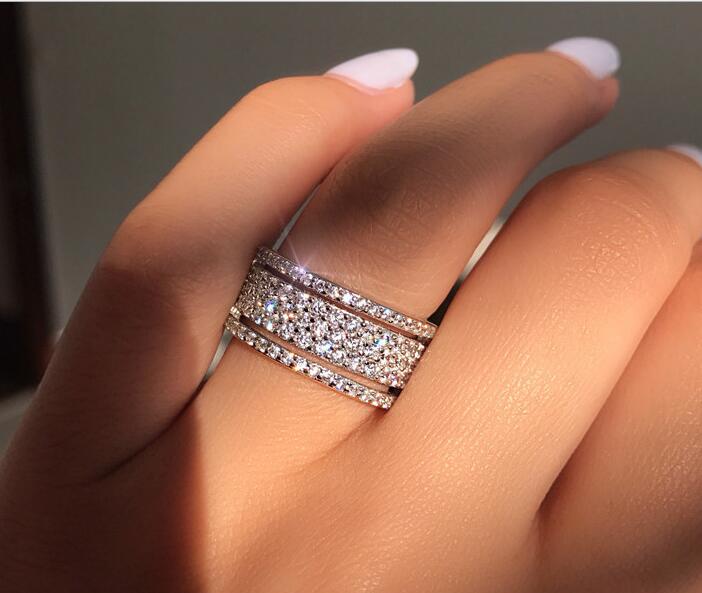 Rulalei Sparkling Luxury Jewelry 925 Sterling Silver Pave White Sapphire CZ Diamond Gemstones Party Promise Women Wedding Band Ring Gift