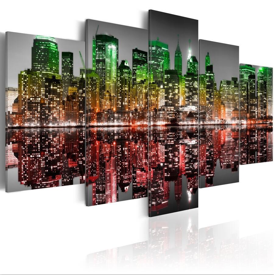 ( No Frame)5PCS/Set Modern Urban Architecture Abstract Fascinating Night Art Print Frameless Canvas Painting Wall Picture Home Decoration