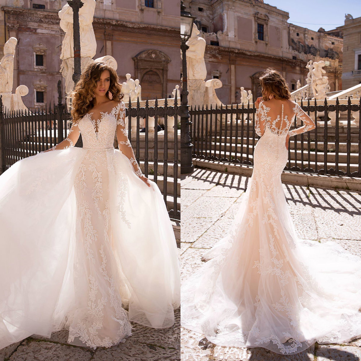 Lussanobridal Mermaid Wedding Dresses With Overskirts V Neck Illusion Bridal Gown Covered Button Back Long Sleeves Boho Wedding Dress Custom