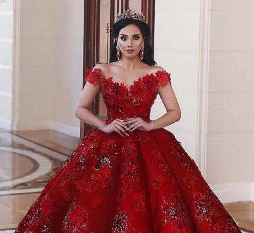 Arabic Red Wedding Dresses A e Lace 3D ral Appliqued Ruffles Country Bridal Gowns Sweep Train Custom Made Bead Vestidos de Novia