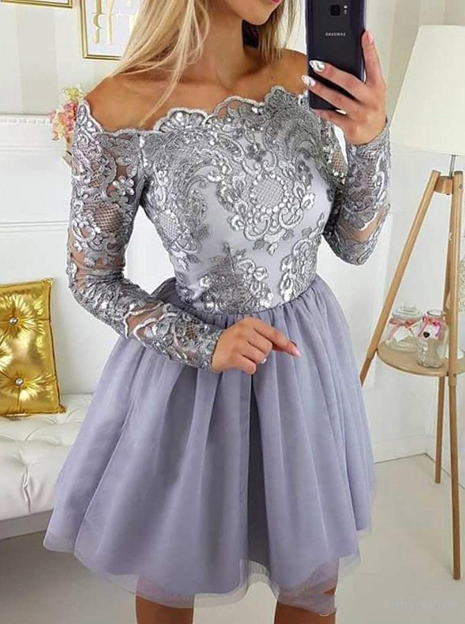 Vintage Long Sleeves Lilac Lavender Short Homecoming Dresses Appliques Chiffon Skirt Knee Length Prom Cocktail Gowns For Teens
