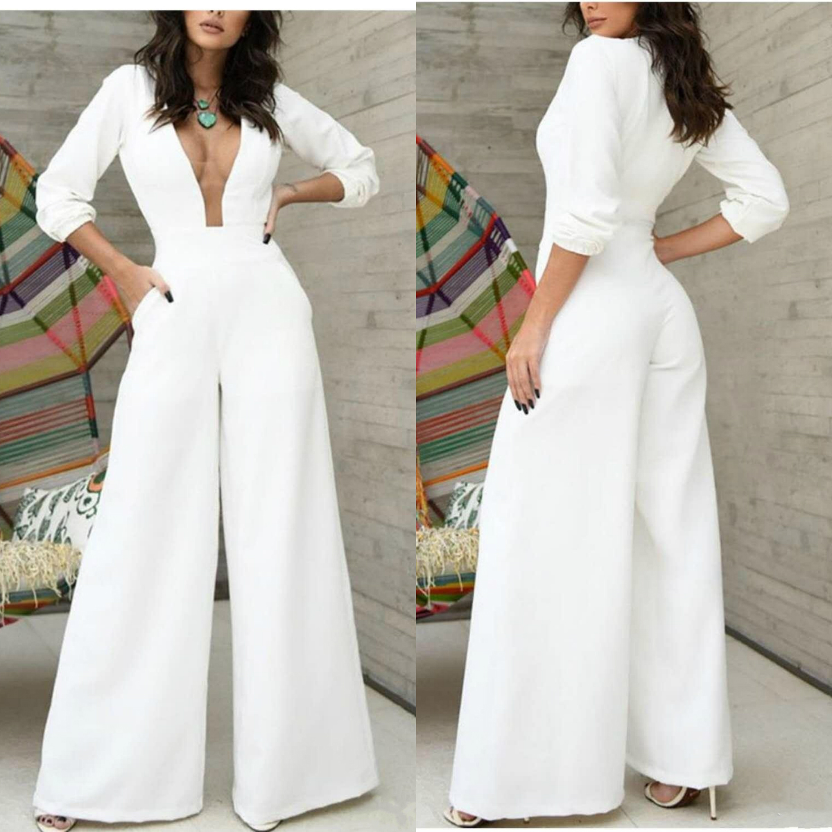 Sexy Jumpsuits Prom Dresses Robe De Soiree Long Sleeve Deep V Neck Evening Gowns With Pocket White Pants Formal Women Party Dress