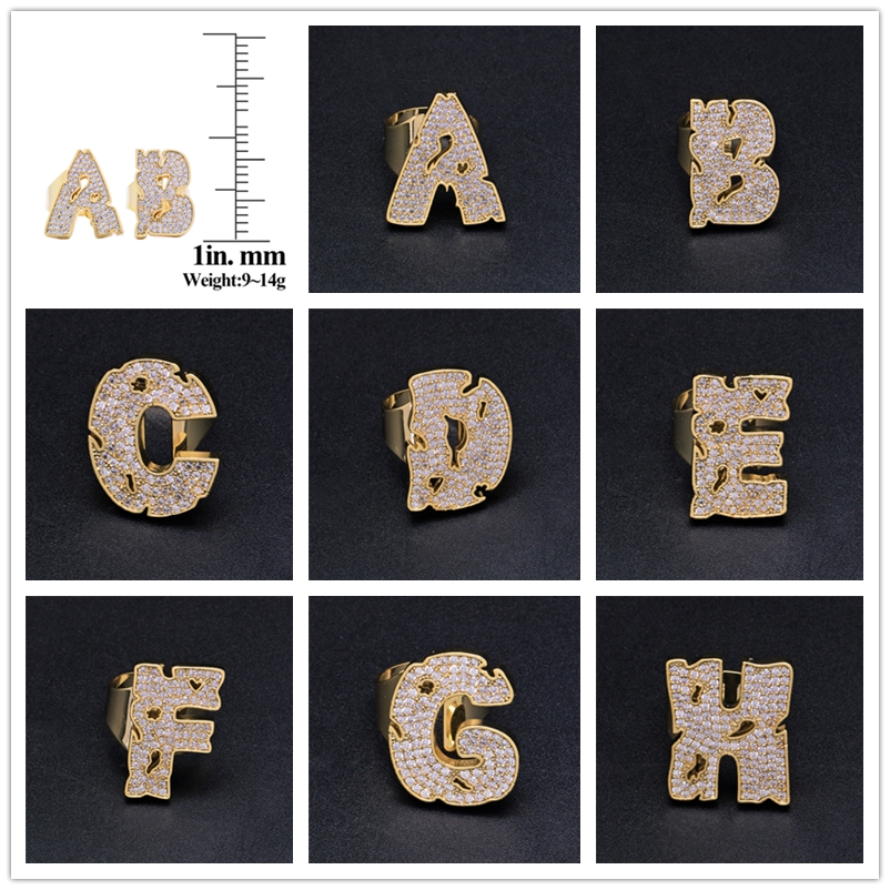 New Fashion Yellow Gold Plated Full CZ A-Z Letters Rings for Men Women Hip Hop Ring Jewelry Gift