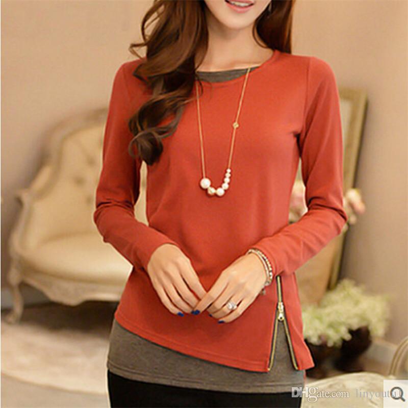 2020 Women t shirt Casual Long Sleeve Tops Zipper Fake Two Pieces Tee Shirt Fashion Ladies Tunic Tops Plus Size 5XL