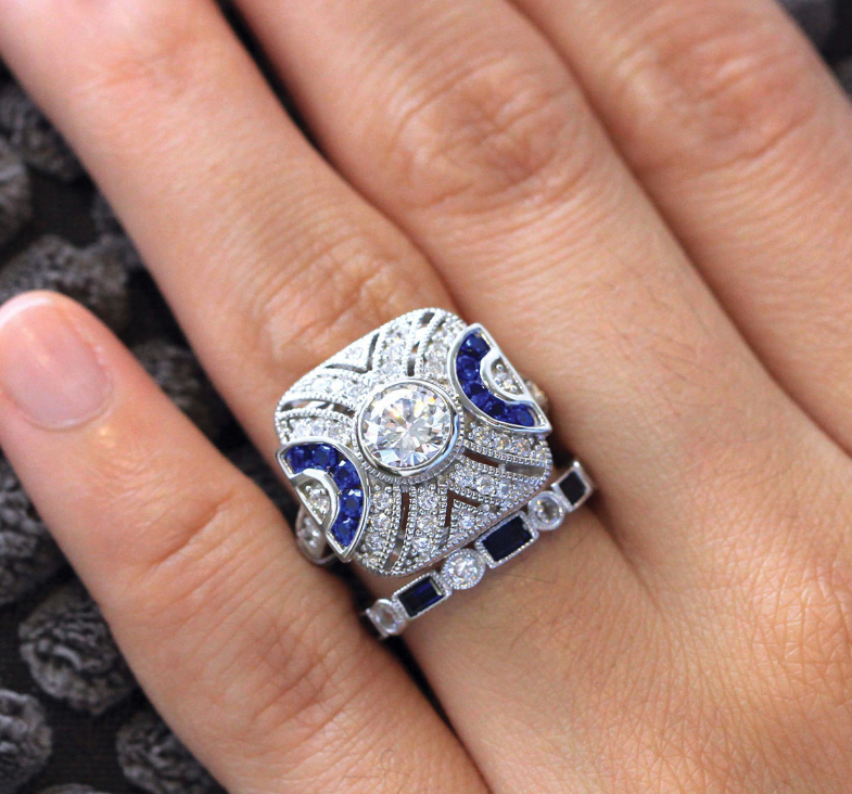 Sterg Sier Wedding Ring Set with Blue Sapphire CZ Dias for Mother's Day