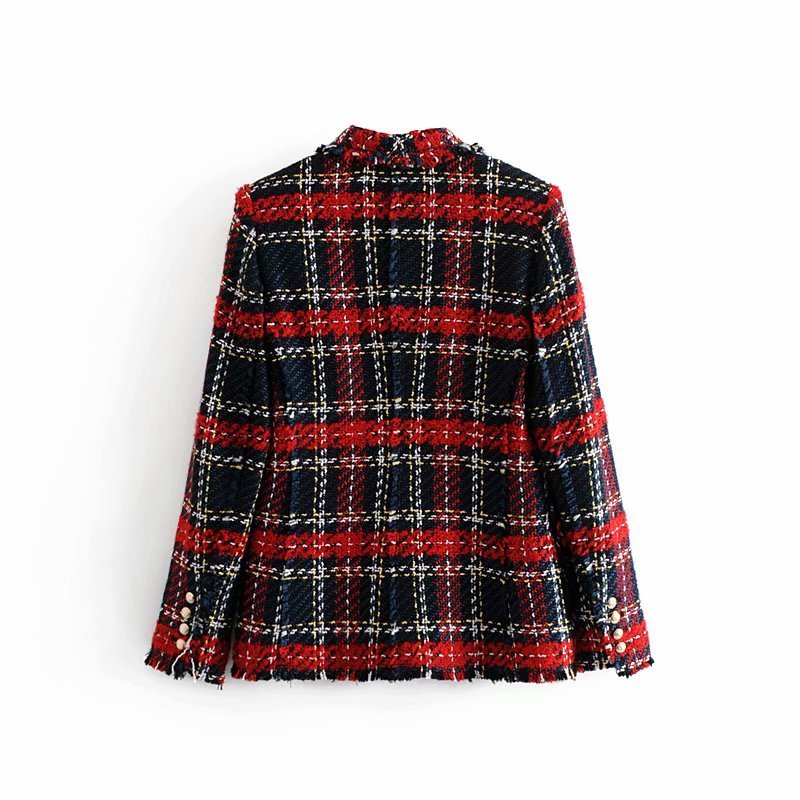 Vintage Double Breasted Frayed Checked Tweed Blazers Coat Women 2019 Fashion Pockets Plaid Ladies Outerwear Casual Casaco Femme D19011104